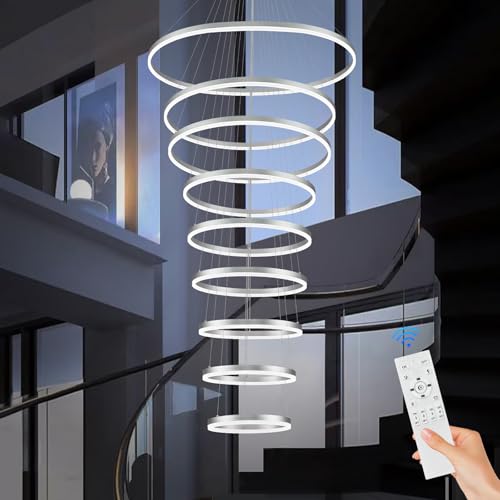 Sparklelf 9-Rings D39.4’’ Modern LED Chandelier Silver Dimmable High Ceiling Foyer Chandeliers Entryway with Remote Control for Staircase Entryway Living Room Foyer, 3000K-6500K