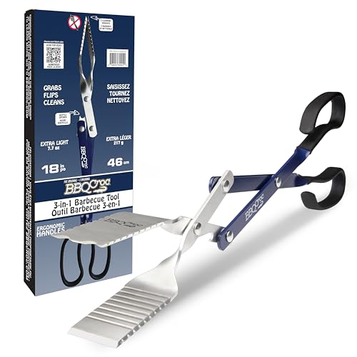 BBQ Croc 3 in 1 Barbecue Tool 18-inch - Lightweight and Long Tongs, Spatula and Grill Scraper (Blue) (18 inch Without Flashlight)