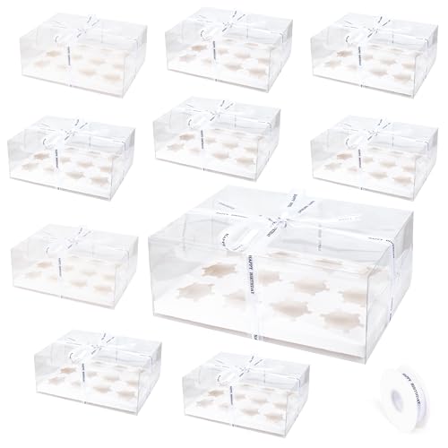 KAIXUAN WOOD 10 Pack Clear Cupcake Boxes, 12 Counts Cupcake Containers with Gift Ribbon, Plastic Cupcake Carrier Holder for Treat Dessert Cookies Muffins Pastry Baby Shower Party