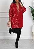 Sequin Long Sleeve Collar Dress for Women Sexy V Neck Button Down Sparkly Long Shirts Top Red XL