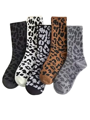 WDIRARA Women's 5 Pairs Pattern Socks Vintage Comfy Breathable Crew Socks Leopard 36-39