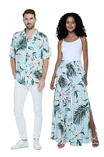 Matchable Couple Hawaiian Luau Wide Legged Pants in Wispy Cereus Light Blue, Women, S/M