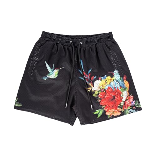 BOOMLEMON Mens Mesh Graphic Print Shorts Casual Fashion Cool Shorts Retro Active Gym Streetwear Short Pants(Flower Nest M)