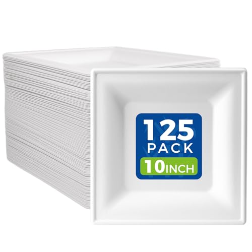 hooray mida White 10-Inch Square Disposable Plates [125-Pack] - Compostable Heavy Duty Sugarcane Plates, Biodegradable Eco-Friendly Dinner Plates for Party