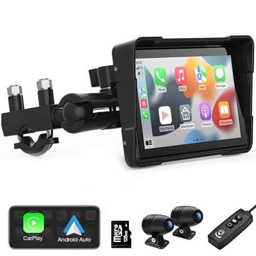 Wireless Carplay for Motorcycle, 5 inch CarPlay & Android Auto Waterproof Touch Screen for Motorbike, Dual 2K Motorcycle Camera, Moto GPS Navigation, Voice Control, 128GB TF Card