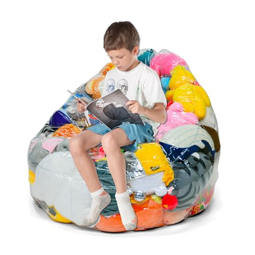 NJXMDR Clear Stuffed Animal Chair Storage Bean Bag Chair Cover – Extra Large 150L Toy Organizer for Kids, Waterproof Easy-Clean Plush Toy Holder Seat (Cover Only, No Filler Included)