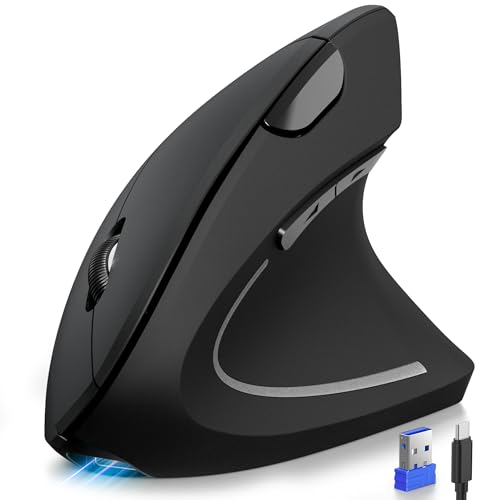 TECKNET Ergonomic Mouse, Rechargeable 2.4G+Bluetooth Vertical Mice 6 DPI Adjustable, Wireless Optical Carpal Tunnel Mouse for Right Hand, Silent 6 Buttons for Laptop, PC, MacBook, iPad - Black