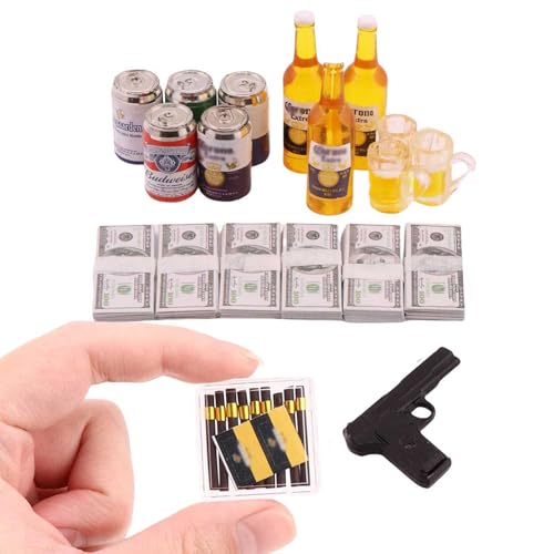 1 Set Mini Prop Miniature Beer Bottles Mini Beer Cans Miniature Money 100 Dollar Bills Model Set for 1/6 Scale Tiny Doll Assesories Dollhouse Decoration Figure Accessories (Set C)
