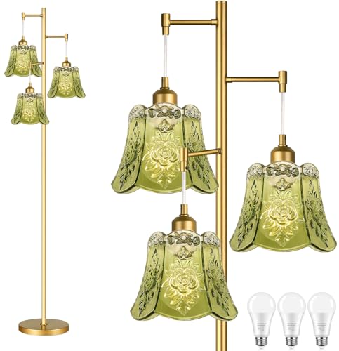 QIYIZM Gold Floor Lamp for Living Room,Bedroom,Tree 3 Light Standing Lamp Mid Century Modern Brass Tall Floor Lamps Vintage Retro Floor Lights Glass Green Flower Lamp Shade Farmhouse Boho Bohemian