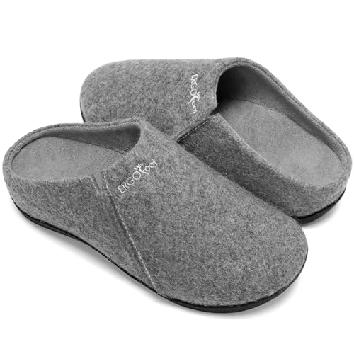 ERGOfoot House Slippers With Arch Support, Orthopedic Slipper for Plantar Fasciitis Pain Relief, Comfy Wool Felt Clog Shoes for Women and Men with Non-Slip Indoor Outdoor/Grey