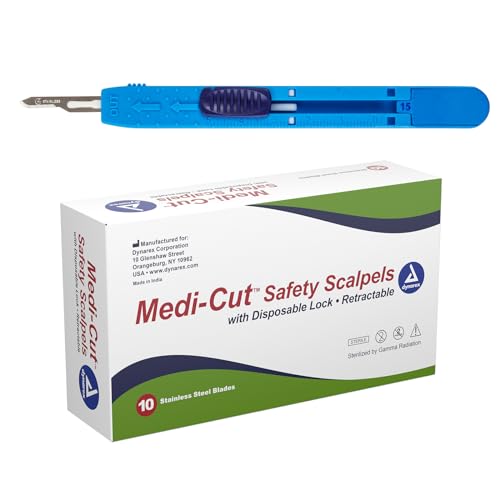Dynarex Medi-Cut Disposable Scalpel - Retractable Safety Scalpel with Lock - #15 Stainless Steel Blade - Individually Wrapped & Sterilized - Box of 10