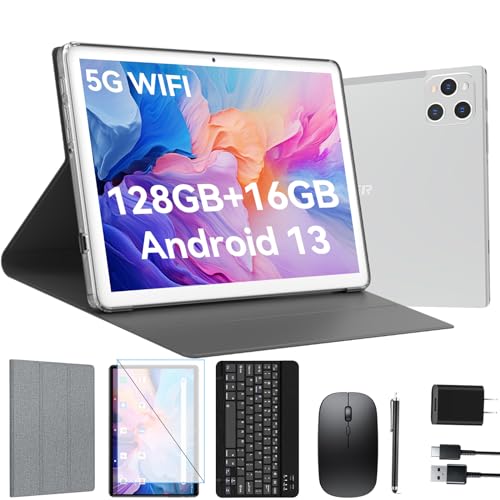 ANTEMPER Tablet, 10 Inch Android Tablet with 128GB ROM, 16GB RAM(Up to 2 TB), Octa-Core Processor, 5G WiFi Tableta, with Keyboard Mouse Case, 13MP+8MP Camera, IPS Touchscreen 8H Battery, Silver