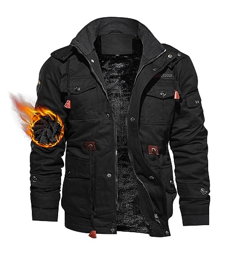 TACVASEN Mens Winter Jacket Fleece Warm Jackets Winter Coats for Men Military Work Coat with Hooded Black L
