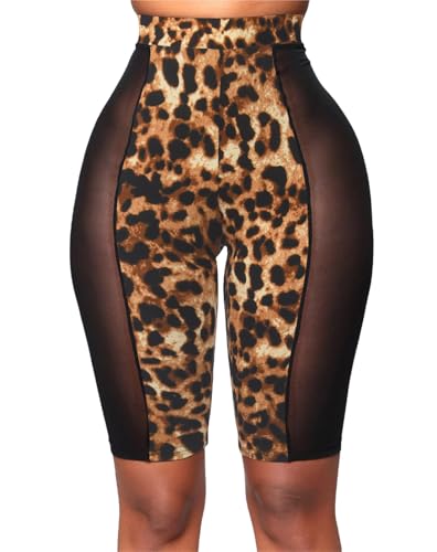 Mesh Leggings for Women Sexy - High Waist See Through Tights Splice Skinny Rave Shorts Clubwear Leopard Print M
