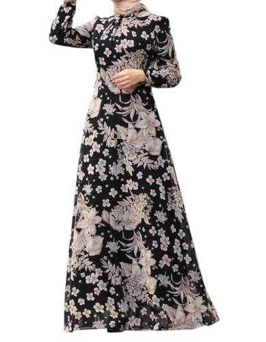 High Fashion Maxi Floral Print Long Sleeve Chiffon Hijab Dress Turkish Chiffon. Muslim Women Modest Dressing. (US, Alpha, Medium, Regular, Regular, Black)