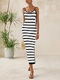 MASCOMODA Women 2025 Spaghetti Strap Striped Bodycon Maxi Dress Summer Sleeveless Knit Fitted Beach Long Sundress with Slit(Black White,Medium)