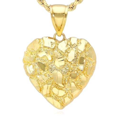 10K Yellow Gold Nugget Heart Pendant 0.7"-1.4", 0.7"