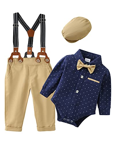 ZOEREA Baby Boy Suit 0-24M Gentleman Outfit Clothes Set Infant Long Sleeve Dress Shirt+Suspender Pants+Bowtie+Beret Hat Royal Blue