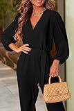 PRETTYGARDEN Women's Fall Jumpsuits Casual Dressy One Piece Outfits V Neck Long Sleeve Belt Pockets Long Pants Romper (Black,Small)