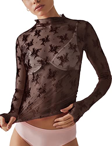 Ugerlov Women's Long Sleeve Mesh Top Mock Neck Sheer Blouse See Through Floral Lace Tops, Black M