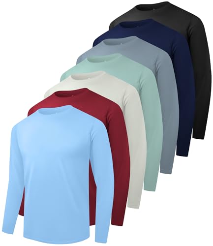 Kinglaman 7 Pack Men's Dry Fit Workout Long Sleeve Shirts Athletic Sports Gym Running Quick Dry Shirts 1 Black 1 Grey 1 Heather Grey 1 Blue 1 Dark Blue 1 Dark Green 1 Wine X-Large