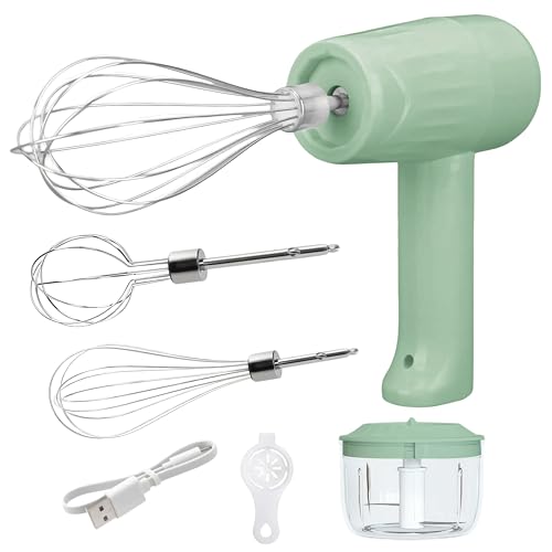 USB Rechargeable Electric Mixer and Egg Beater, Features Egg White Separator and Three Multi-Function Mixing Attachments (Green)