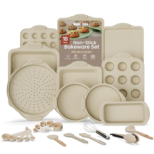 BAKKENMASTER 18-Piece Deluxe Nonstick Carbon Steel Bakeware Set - Professional Kitchen Oven Baking Pans with White Silicone Handles and Accessories