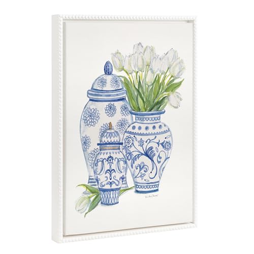 Kate and Laurel Sylvie Beaded Chinoiserie Jars with White Tulips Vintage Framed Canvas Wall Art by Patricia Shaw, 18x24 White, Decorative Floral Art for Wall