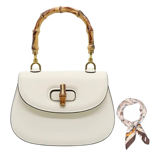 JOTOUCH Women Shoulder Bag Bamboo Handle Handbag Crossbody Bag Fashion Casual Satchel Tote Bag with 27.5 * 27.5in Square Scarf (White)
