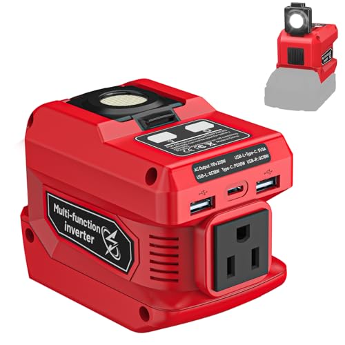 220W Power Inverter Compatible with Milwaukee 18V Battery, DC 18V to AC 110V Portable Power Station with 1 AC Outlet, 2 USB Ports & 1 Type-C Fast Charging, 400LM LED Work Light
