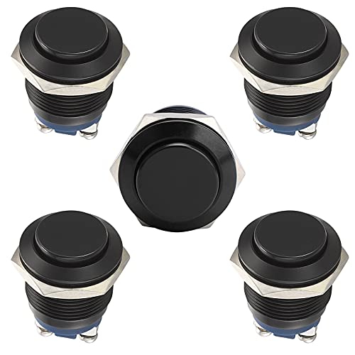 STARELO 5pcs 19mm Momentary Push Button Switch Black Shell, IP65 Waterproof Push Button Switch,Aluminum Alloy 1 Normally Open Without LED.