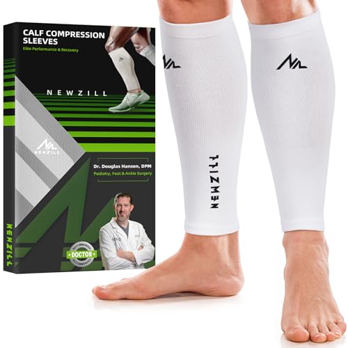 NEWZILL Calf Compression Sleeve for Men & Women | Footless Compression Socks for Shin Splint Relief, Varicose Veins | Perfect Leg Sleeve for Running, Travel, Nursing, Work, Fitness (XXL White 1Pair)