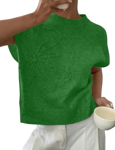 Zucige Womens Casual Floral Flower Sweater Vest Crew Neck Sleeveless Summer Loose Ribbed Knit Pullover Tops(Green-M)