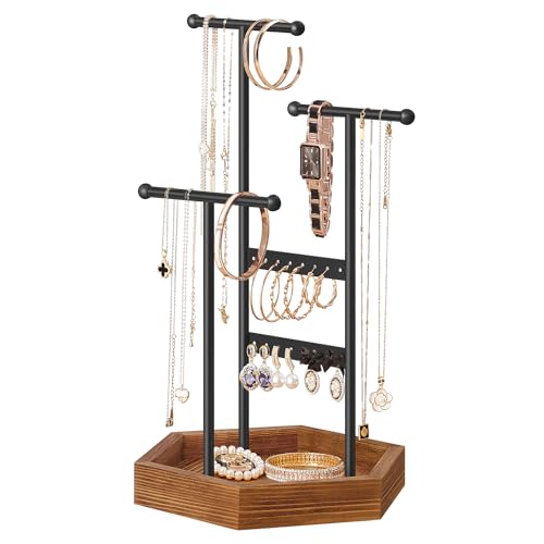 SONGMICS Jewelry Holder, Jewelry Organizer, 3 Tiers and 1 Tray, Jewelry Display Stand with Metal Frame, Necklace Earring Bracelet Holder, for Rings, Ink Black and Caramel Brown UJJS03CB