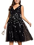 Ever-Pretty A Line V Neck Sleeveless Sequin Plus Size Midi Summer Cocktail Wedding Guest Dresses for Curvy Women Black US24