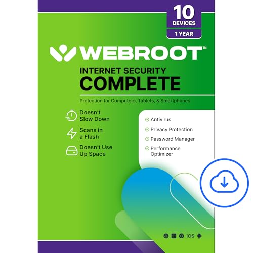 Webroot Internet Security Complete | Antivirus Software 2025 | 10 Device | 1 Year Download for PC/Mac/Chromebook/Android/IOS + Password Manager, Performance Optimizer