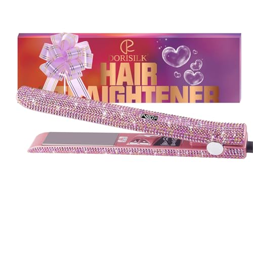 DORISILK 480°F High Temp Hair Straightener and Curler, Titanium Flat Iron Rhinestone Straightening Iron, 2 in 1 Straightening Curling 1“ Salon Professional Dual Voltage Crystal Bling Rose Pink