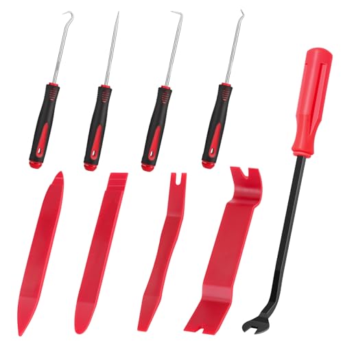 Auto Trim Removal Tool Set Pry Tool Kit, Door Panel Removal Tool, Fasteners Remover,Automotive Hook Set, Car Auto Oil Seal/O-Ring Seal Gasket Mini Precision Hooks - 9pcs Red