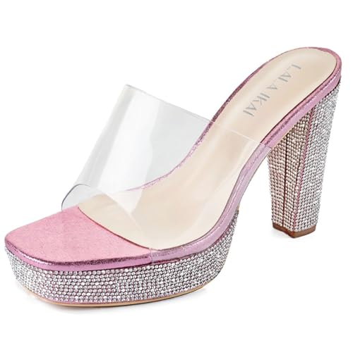Chunky Heels for Women - 4 Inch Rhinestone Strappy Sandals - Comfortable Open Toe Block Mules - Black, Silver, Gold, Blue, Pink