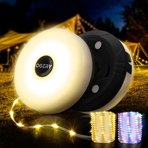 OGERY 2-Pack Camping String Lights, 4 in 1 Quick Storage 32.8FT Rechargeable Tent Lights String with 8 Lighting Modes, Hanging Waterproof Portable LED Lamp for Outdoor Patio Awning Party Essentials