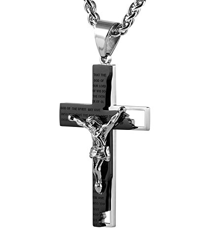 HZMAN Men's Stainless Steel Cross Crucifix Bible Prayer Pendant Necklace 22+2" Chain, Black Silver