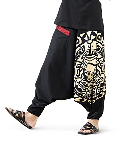 Boho Pants Elastic Ankle Harem for Men, Exercise Pajama Jogger Loose Boho Aladdin Pant , Fate Weaver Black-Beige, X-Large