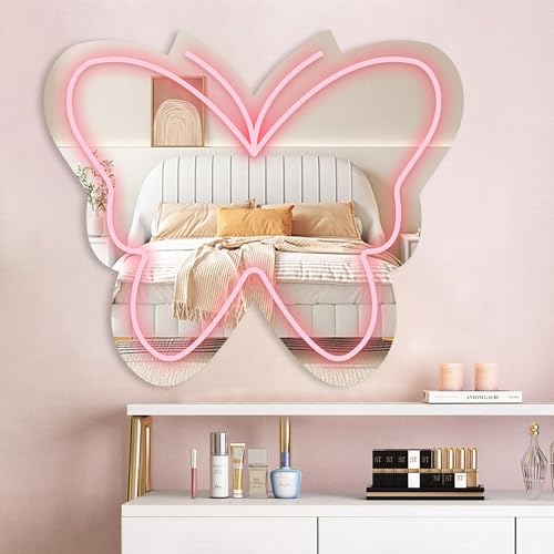 Anime Butterfly Mirror with Light Neon Signs for Locker Room Living Room Girl's Bedroom, Cute Acrylic Mirror with Dimmable for Girl Gifts, Wall Mirror