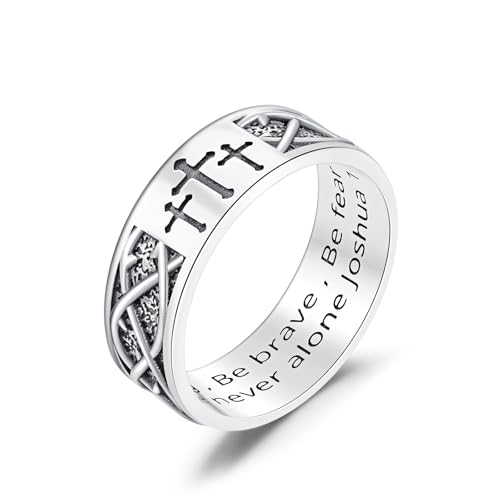 Lattd Cross Ring for Men with Joshua 1:9 925 Sterling Silver Christian Cross Band Rings for Dad Son Size 9