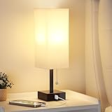 White Small Table Lamp for Bedroom - 3 Color Temperature 3000K 5000K 4000K Bedside Lamp, Pull Chain Control, USB A and C Charging Ports, Black Base, for Kids Office Dorm Nightstand, Bulb Included