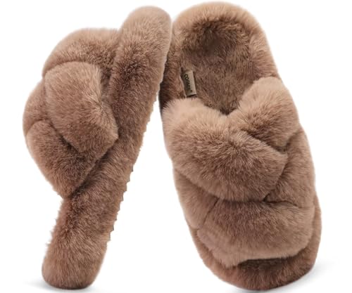 COFACE Women's Fluff Slippers Open Toe Fuzzy Faux Fur Slide Slippers Ladies Comfort House Slippers Fashion Furry Shearling Platform Slippers with Arch Support Indoor Outdoor Sole, Brown Size 8