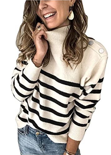 KIRUNDO Women's 2025 Fall Winter Long Sleeve Knit Sweater Turtleneck Striped Loose Pullover Tops Deco with Metal Buttons(White, Medium)