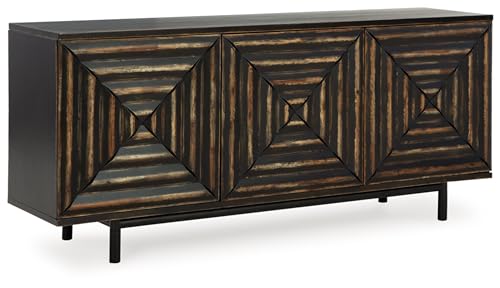 Signature Design by Ashley Fair Ridge Casual Square Patterned 3-Door Distressed Accent Cabinet with 3 Adjustable Shelves, Black & Dark Brown