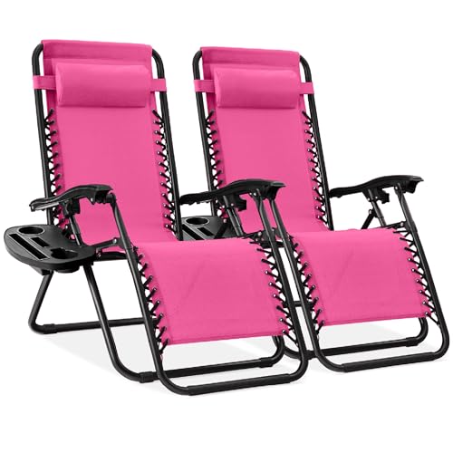 Best Choice Products Set of 2 Adjustable Steel Mesh Zero Gravity Lounge Chair Recliners w/Pillows and Cup Holder Trays - Hot Pink/Black