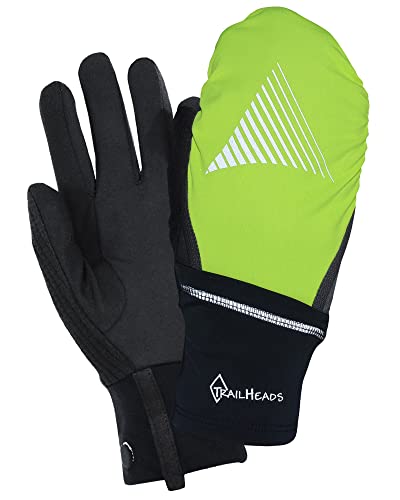 TrailHeads Mens Running Gloves Touchscreen Fingers & Convertible Waterproof Mitten Shell - for Winter, Reflective, Warm - Black/Hi Vis (Small/Medium)